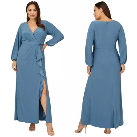 NWT Adrianna Papell Jersey Faux-Wrap Maxi Gown Women's 16W Blue Formal Ruffle - Picture 1 of 16